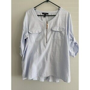 Ellen Tracy Linen Blend Top Blue 1/4 Zip Popover Shirt Womens XL Roll Tab Sleeve